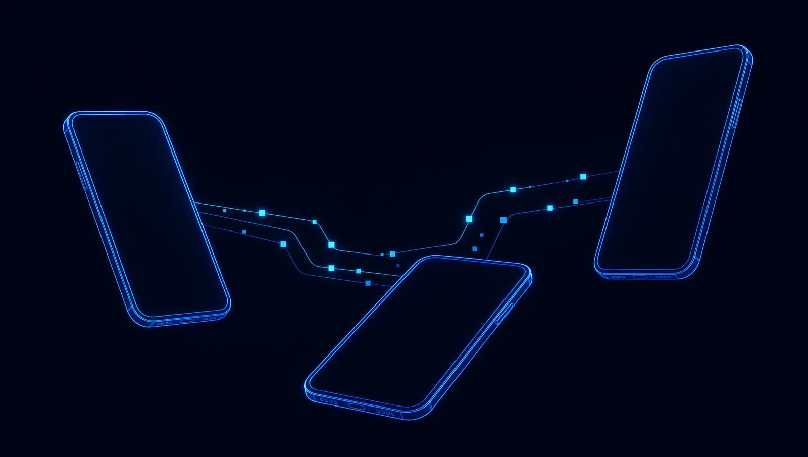 Abstract wireframe mobile devices joined by signal lines