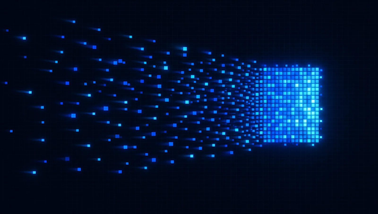 Abstract pixels converging into a structured cluster
