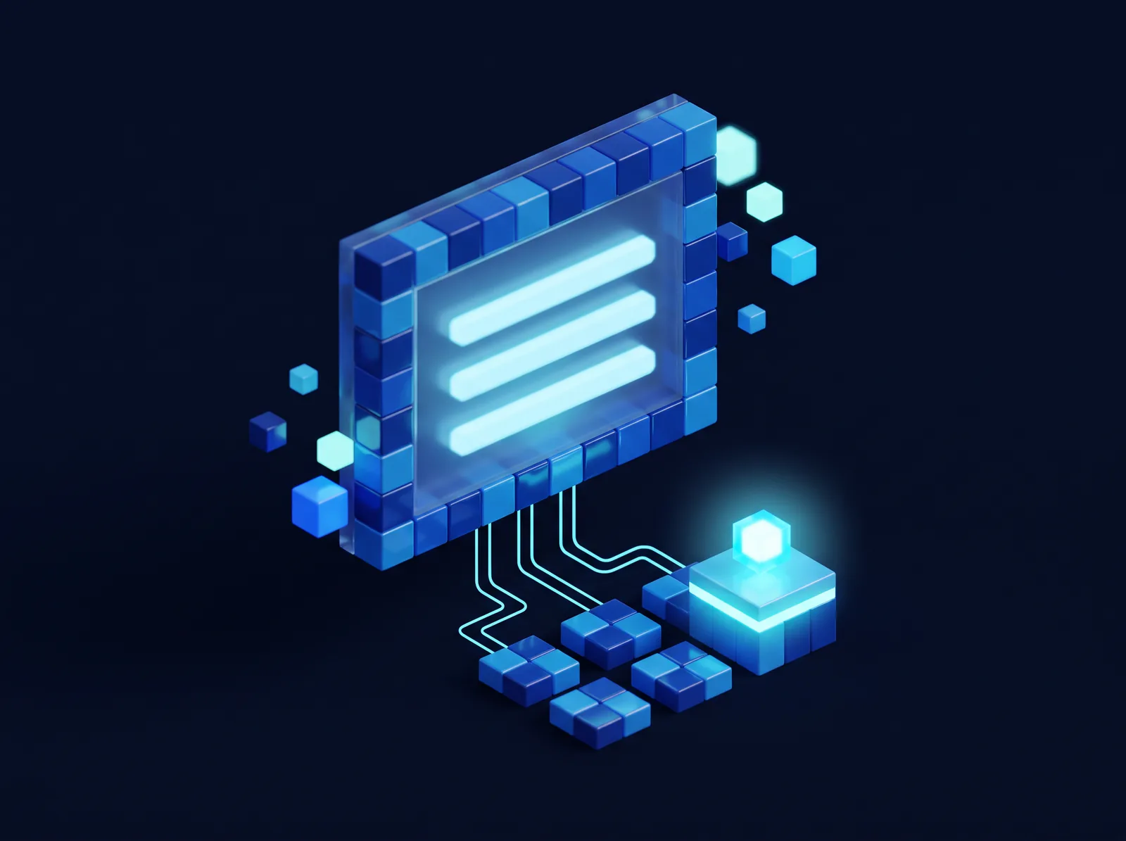 Concept visual: a floating answer panel of blue voxel cubes citing one lit source tile from a cluster below