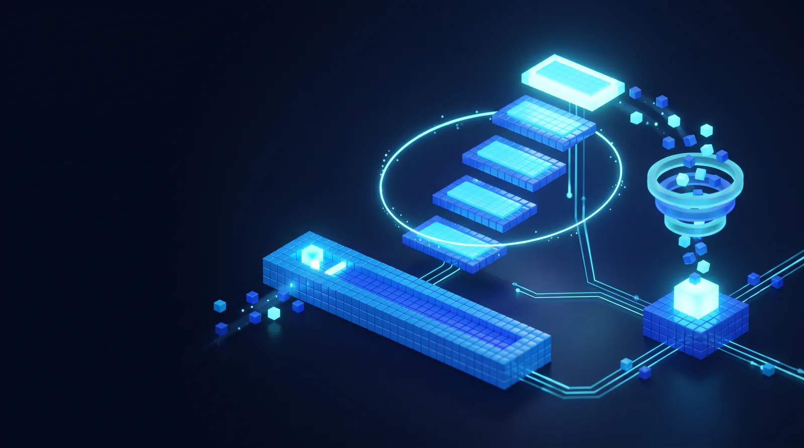 Voxel illustration of a search bar feeding a rising staircase of result tiles, circled by a loop of light, with a funnel pouring into one bright cube