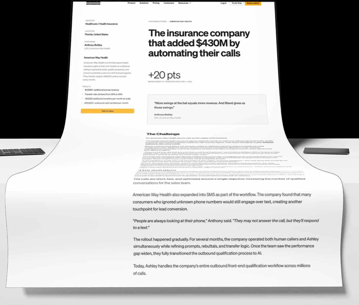 The same published Bland AI story shown flat and full width: the $430M headline, the +20 point transfer-rate figure, Anthony Bottley's quote and the challenge narrative