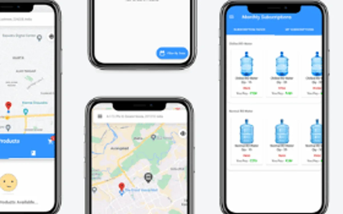 Three phones showing the GeoPure water-delivery app: a delivery-location map screen, an orders screen, and a monthly-subscription catalogue of water cans with prices