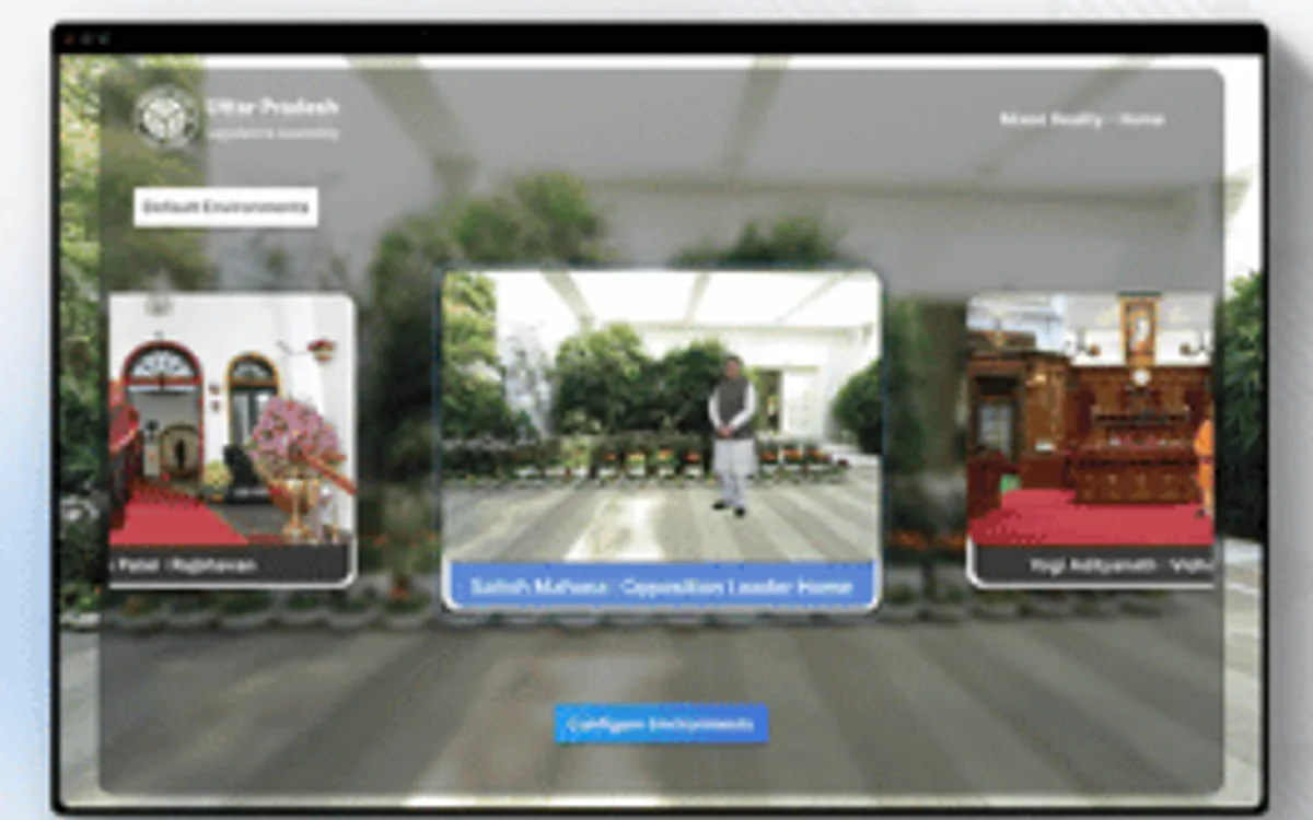 The mixed-reality application in a window, showing the Uttar Pradesh Legislative Assembly header, an environments panel and three selectable environment tiles over a live camera background