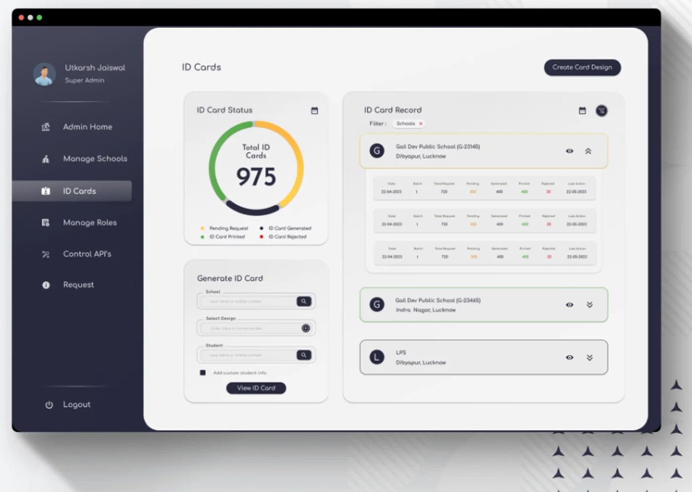The School ID Prime desktop admin application: a sidebar, an ID-cards page with a total-count donut chart, a generate-ID-card form and an ID card record list