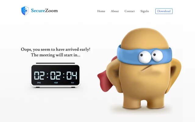The Secure Zoom waiting room in a browser: an early-arrival message and a countdown clock beside an illustrated mascot