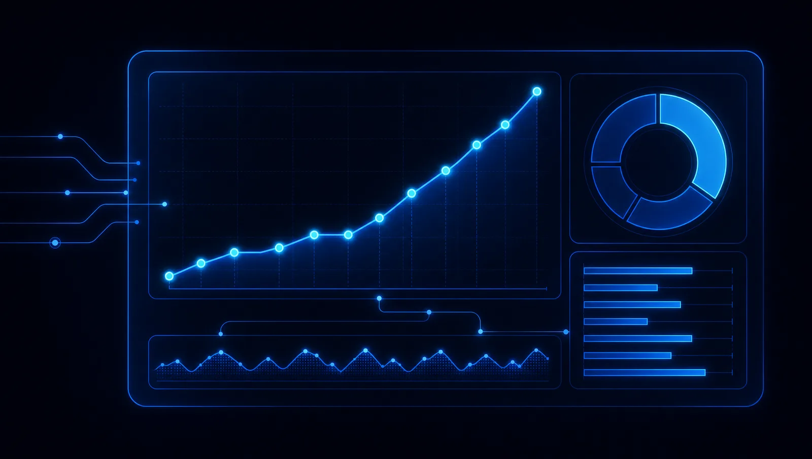 Abstract dashboard wireframe with a line chart, ring chart and bar cluster