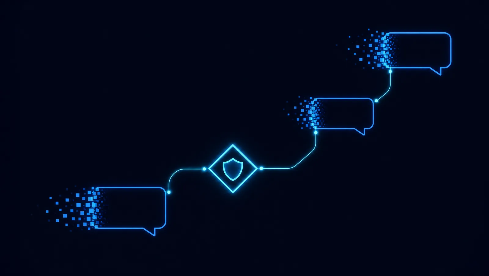 Abstract message-bubble outlines dissolving into pixels along a protected transit line