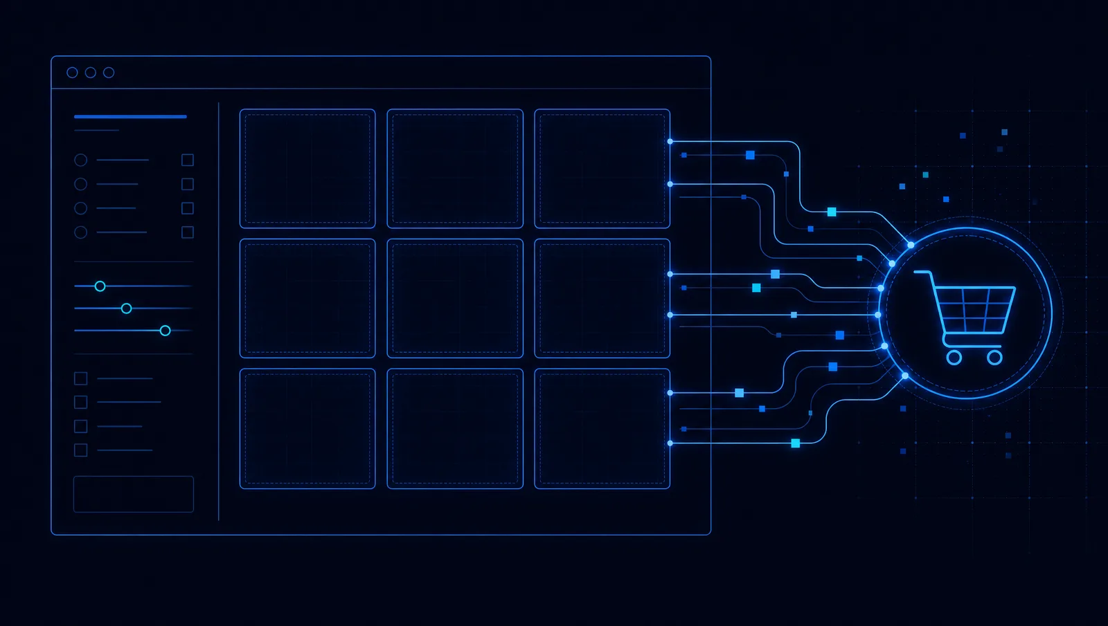 Abstract product-grid wireframe with a filter rail and a cart node