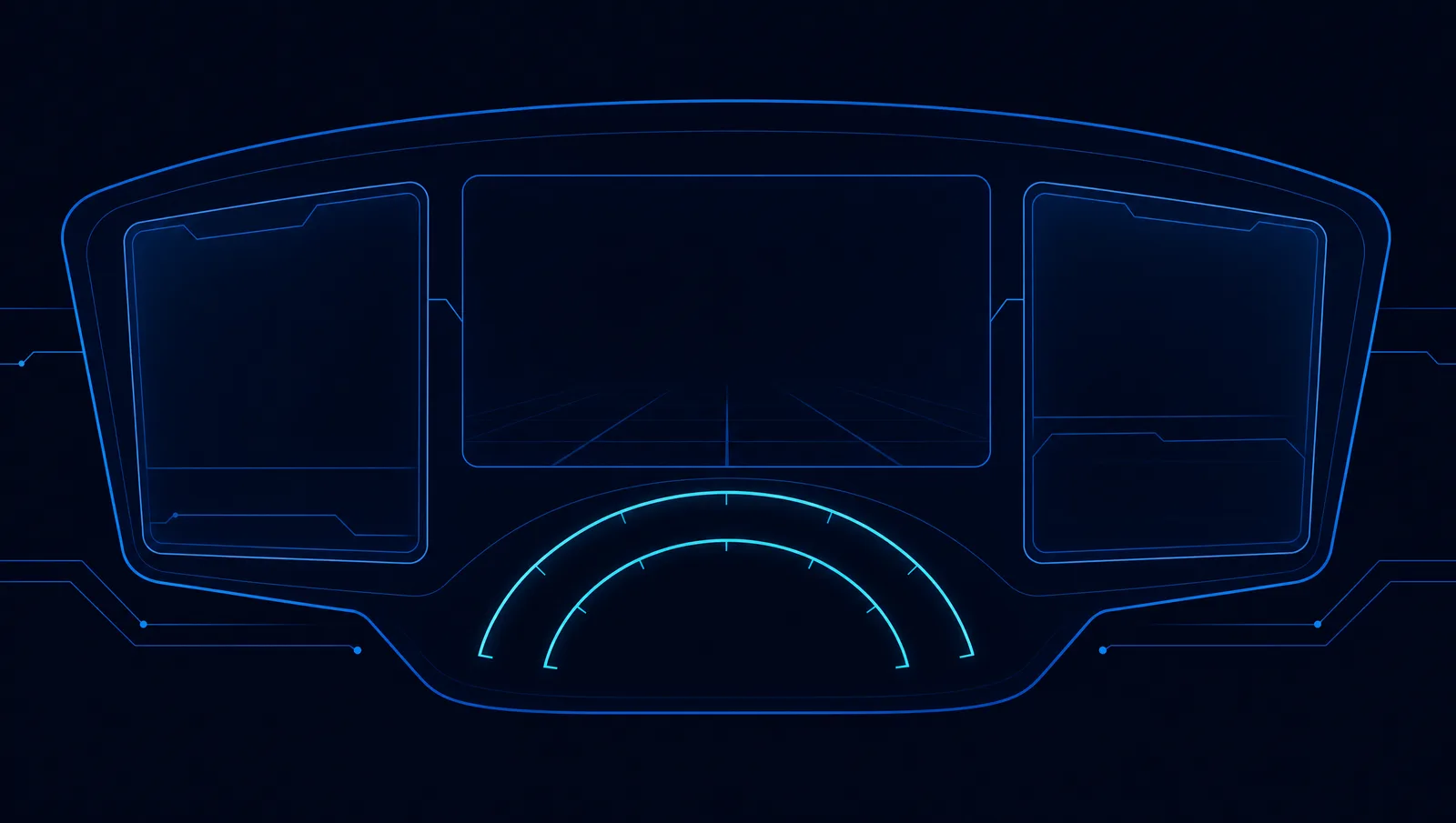 Abstract curved in-vehicle display panel with interface zones and arc gauges