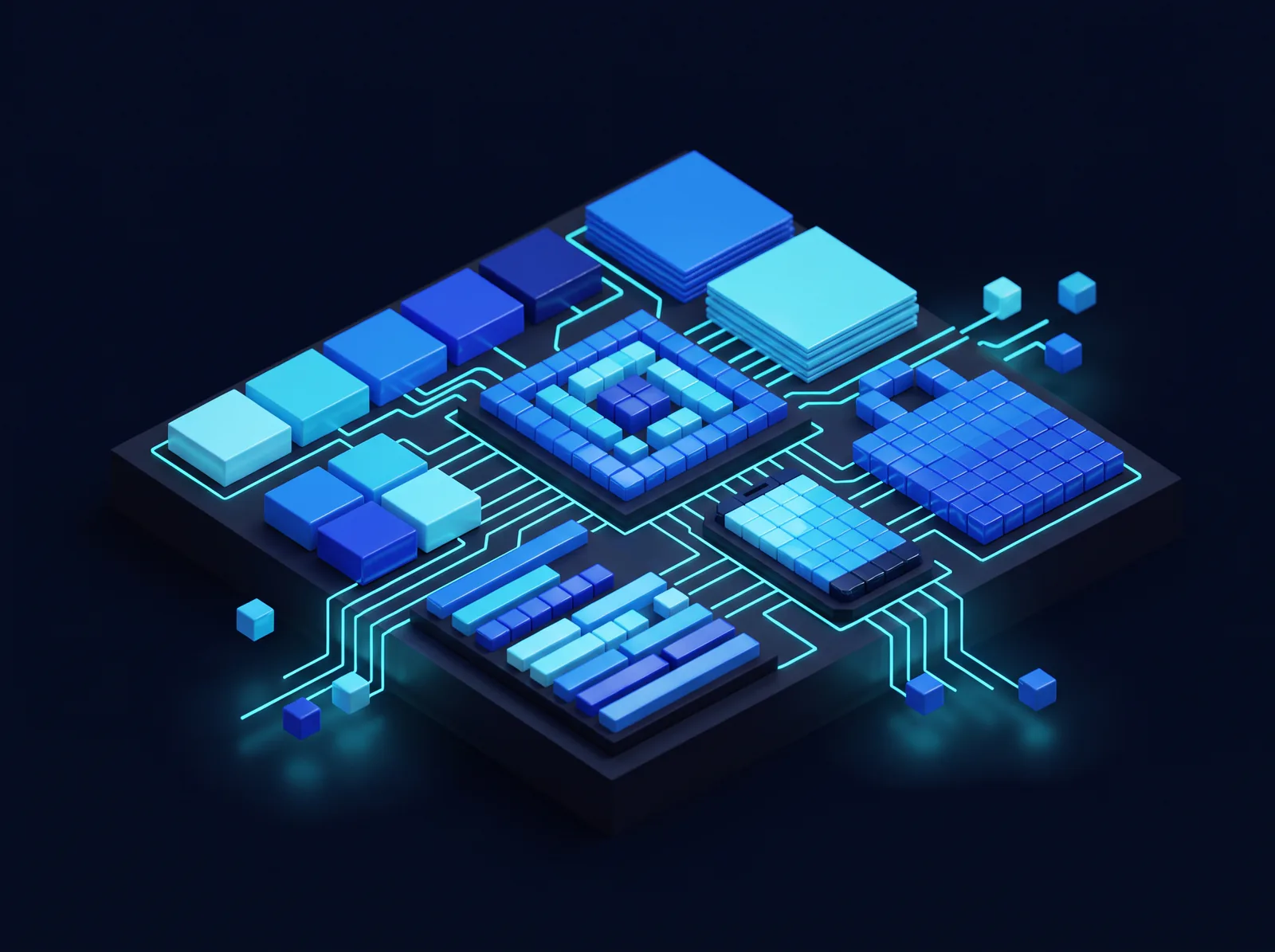 Concept visual: a brand kit of blue voxel cubes laid out on a plinth, an emblem tile, colour swatches, a type card, a phone and a stack of cards