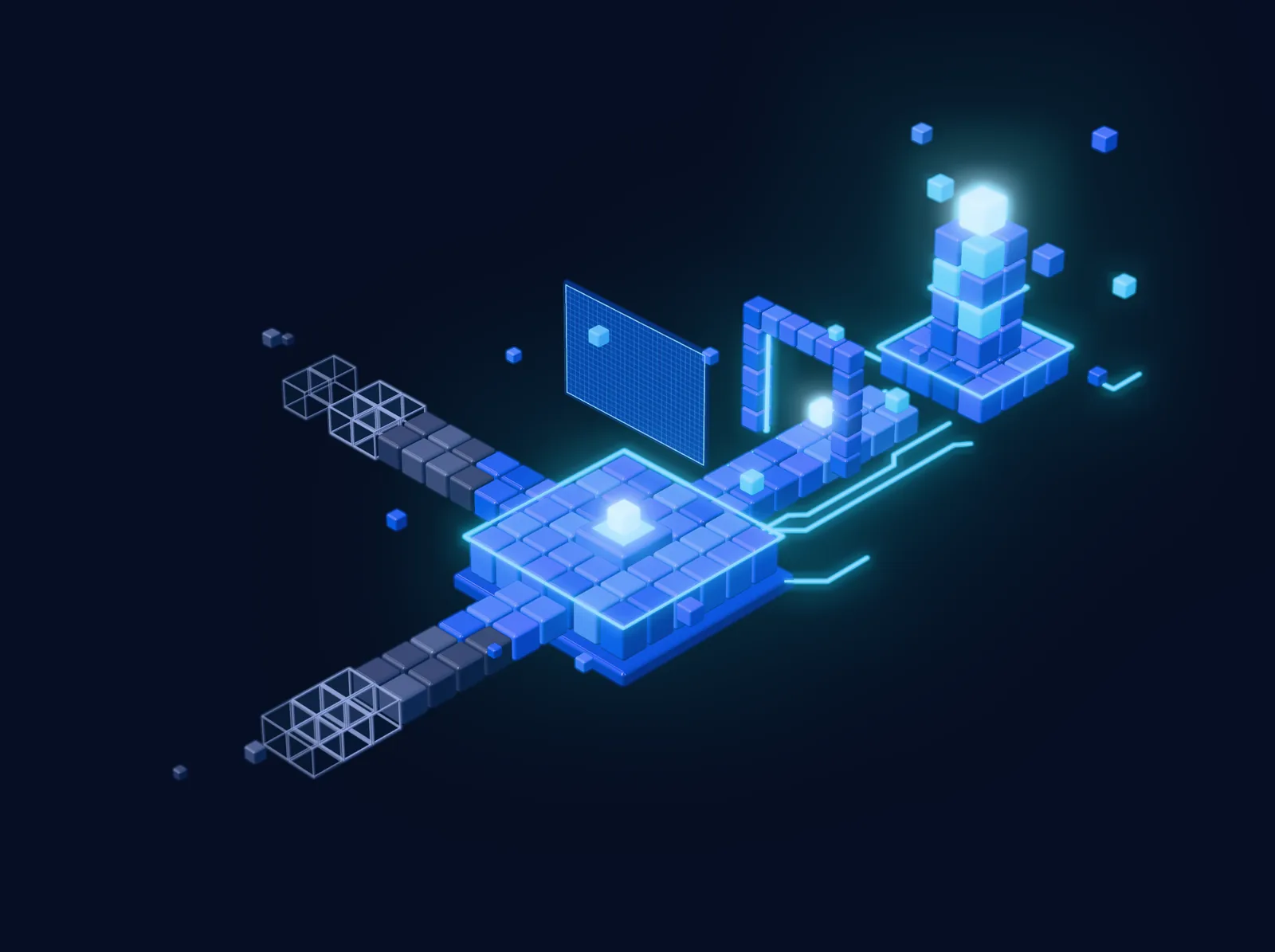 Concept visual: a route of blue voxel cubes forking three ways, two paths fading to grey outlines and one continuing through a gate to a lit tower