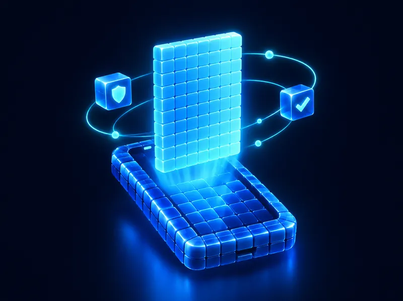 Concept art: a pixel card rising from a phone, orbited by shield and check-mark tiles