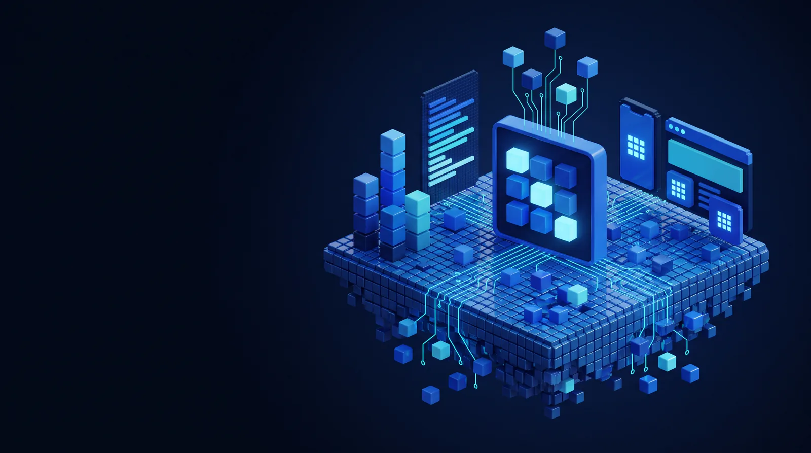 Voxel illustration of a cube emblem assembling on a plinth beside colour swatch towers and a type card, with a phone and a browser window receiving it