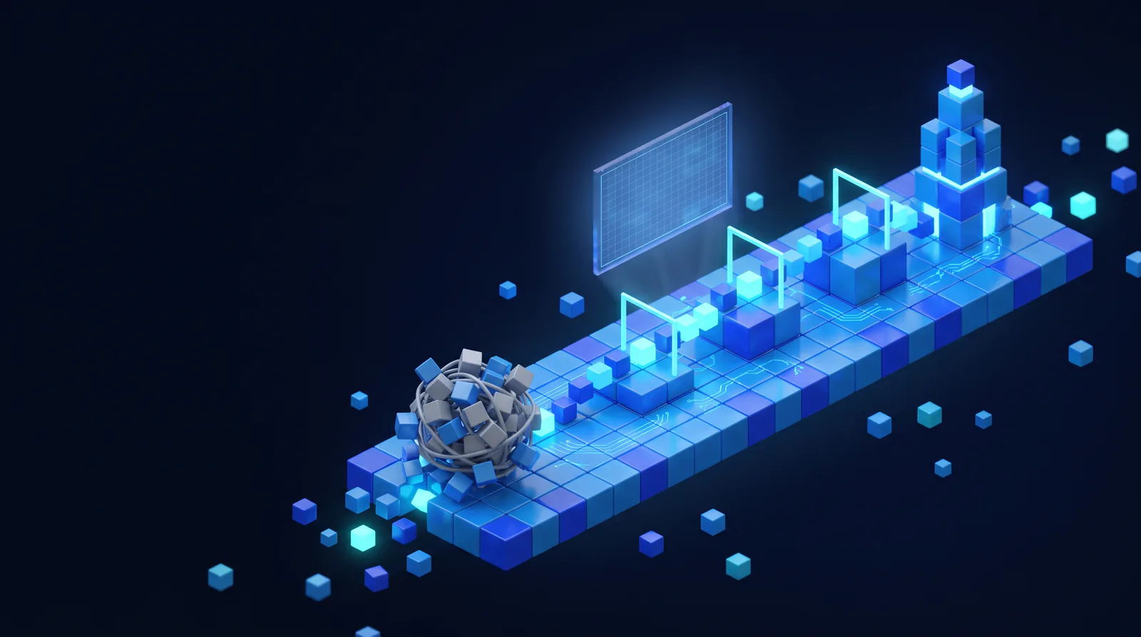 Voxel illustration of a route leading from a grey tangle of cubes across three rising platforms and review gates to a lit tower