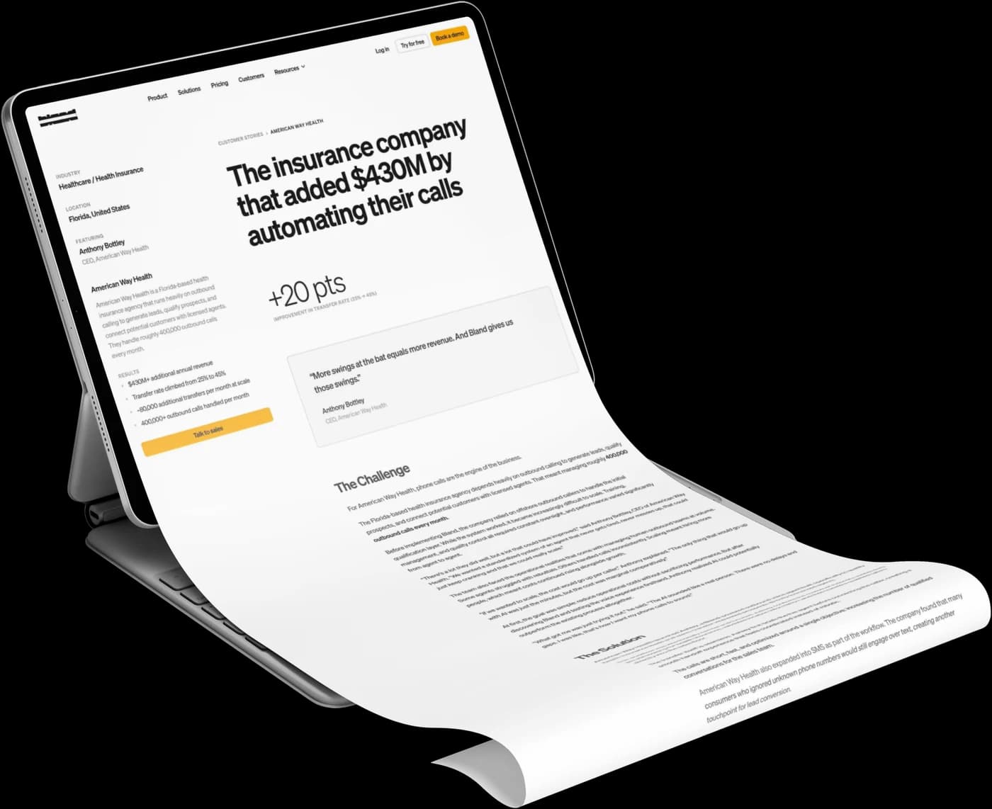 Bland AI's published customer story about American Way Health shown on a tablet, headlined 'The insurance company that added $430M by automating their calls'