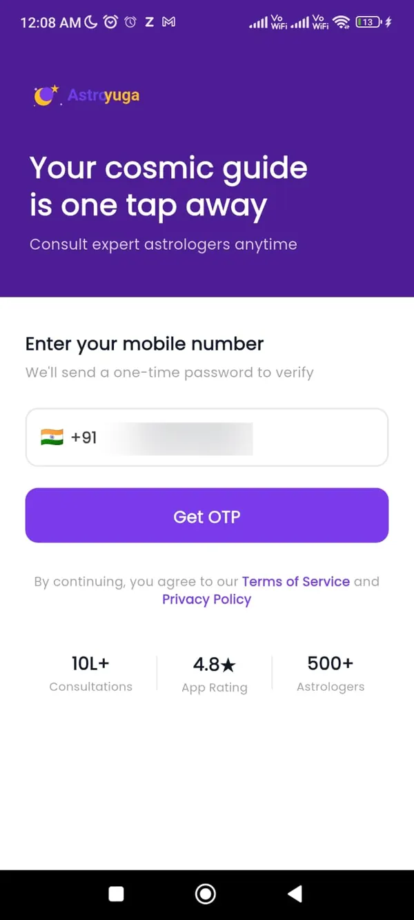 Astroyuga user app login screen with the mobile number blurred and a Get OTP button