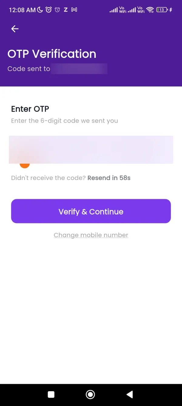 Astroyuga user app OTP verification screen, with the phone number and code blurred