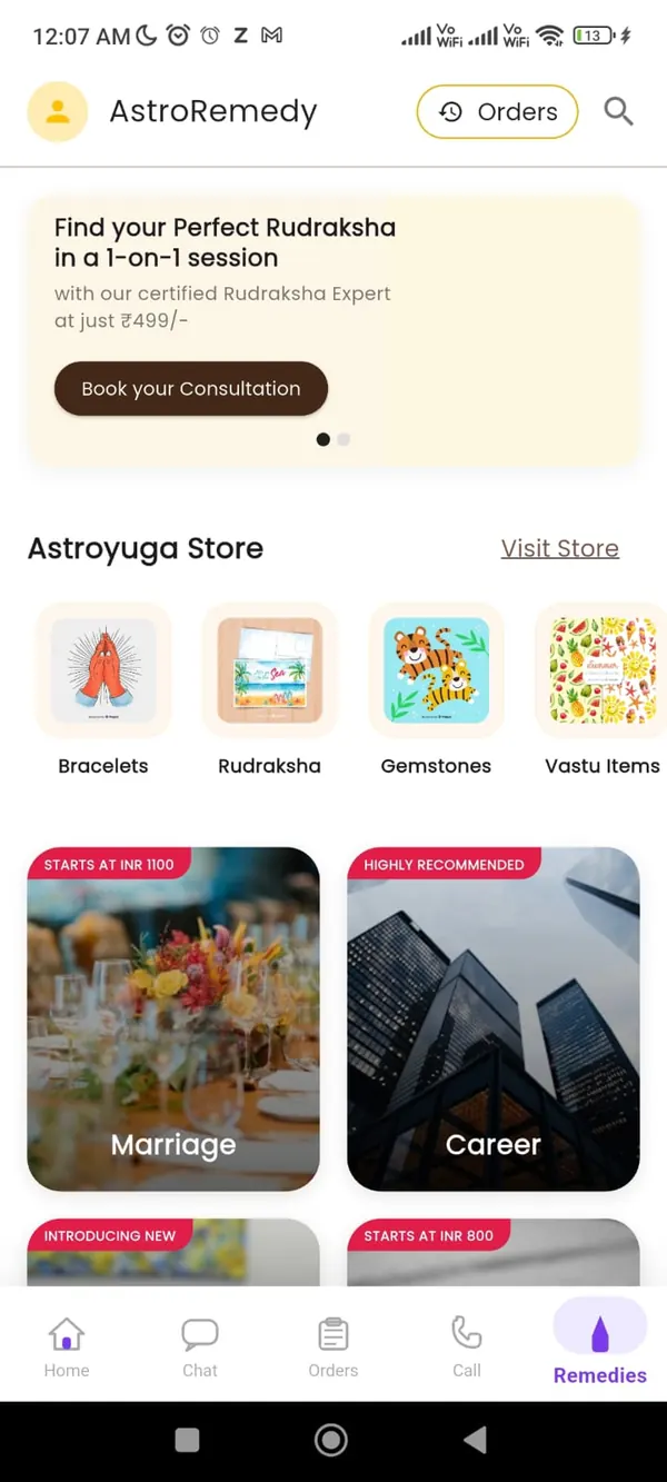 Astroyuga user app AstroRemedy store: a Rudraksha consultation banner, store categories and consultation topics