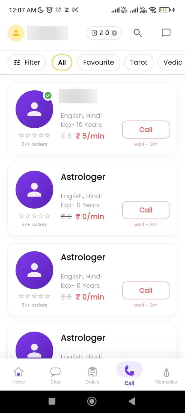 Astroyuga user app astrologer list with languages, experience, per-minute prices and call buttons, names blurred