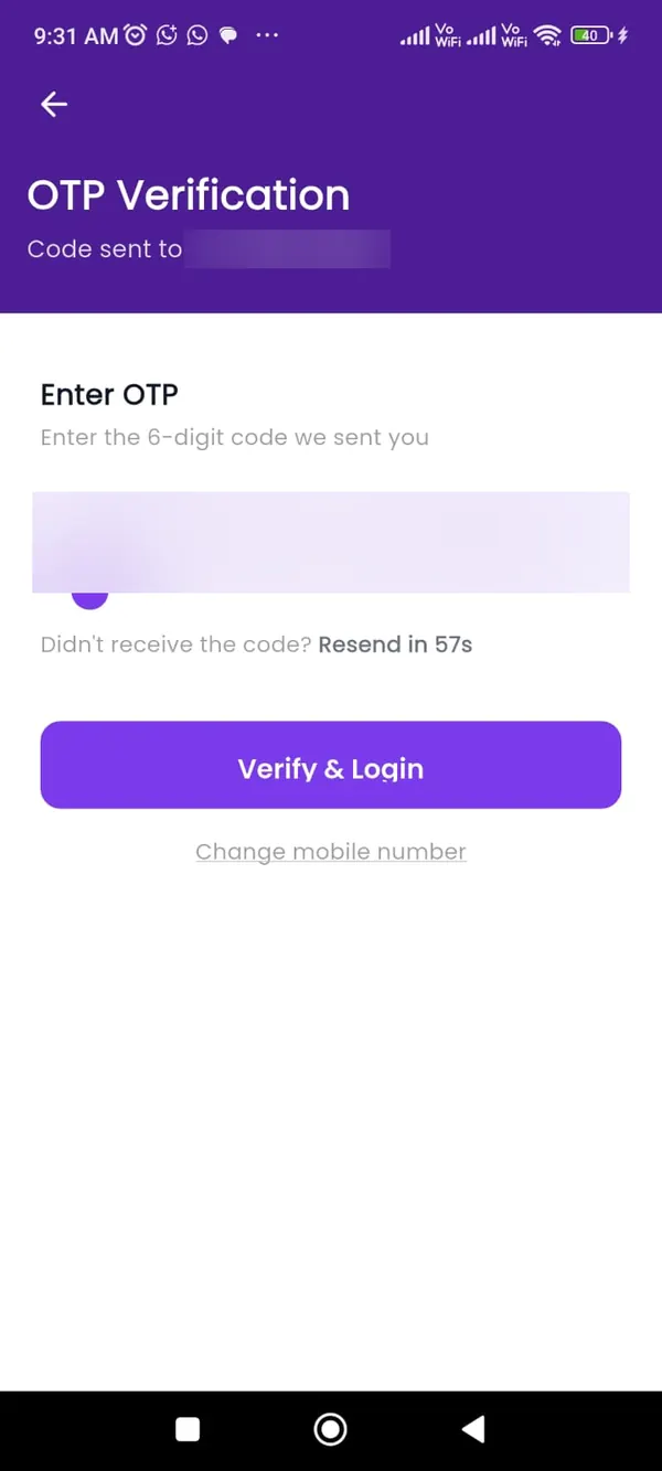 Astroyuga Astrologer app OTP verification screen, with the phone number and code blurred