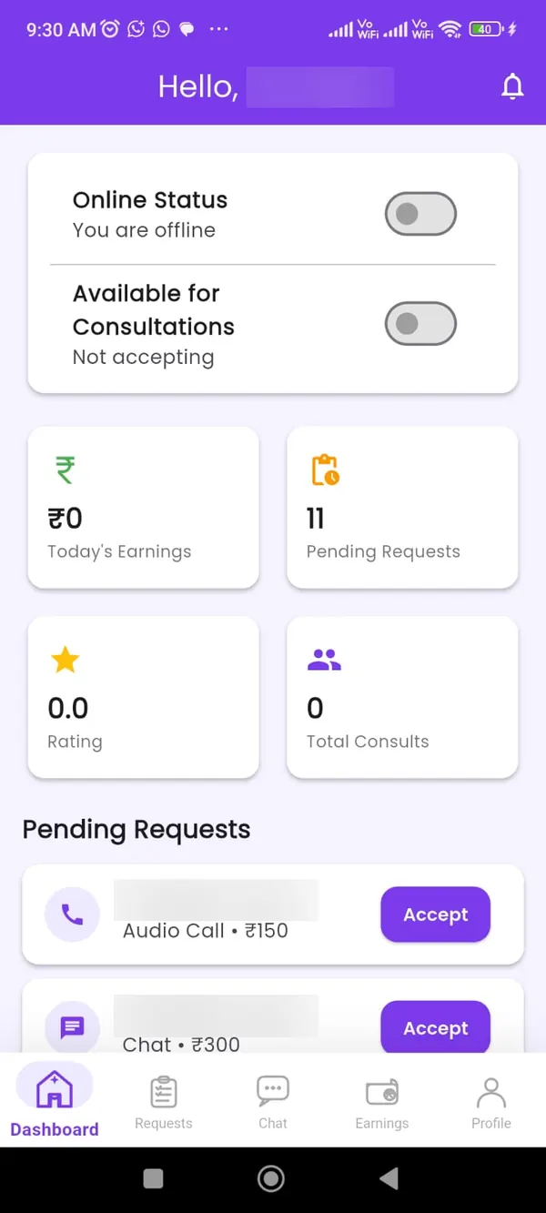 Astroyuga Astrologer app dashboard: online and availability toggles, earnings, pending requests, rating and total consults, names blurred