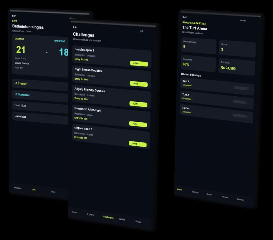 BoxArena: the app screens on phones