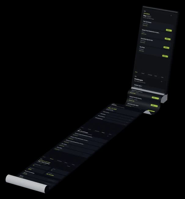 BoxArena: the app on a phone, its screens flowing out as one long sheet