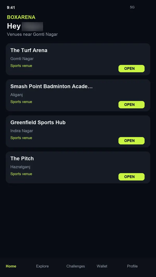 BoxArena player app home screen listing nearby sports venues, each marked open