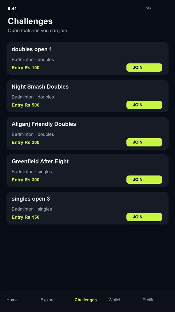 BoxArena Challenges screen with open badminton matches, entry fees and Join buttons