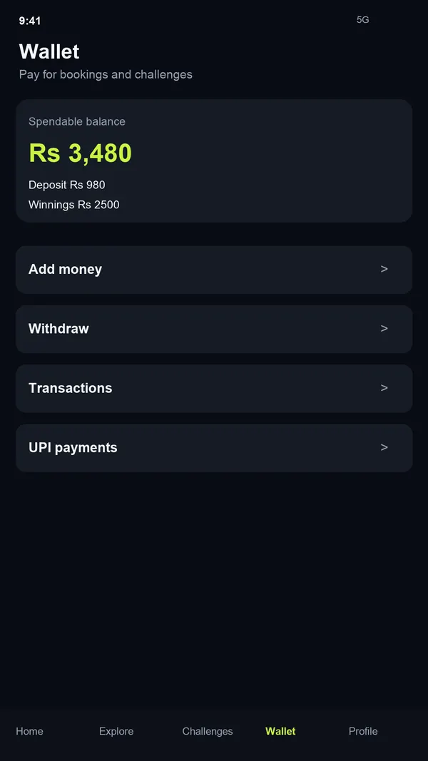 BoxArena wallet screen with a spendable balance and options to add money, withdraw, view transactions and pay by UPI