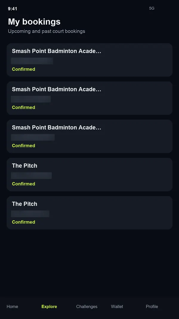 BoxArena My bookings screen with confirmed court bookings