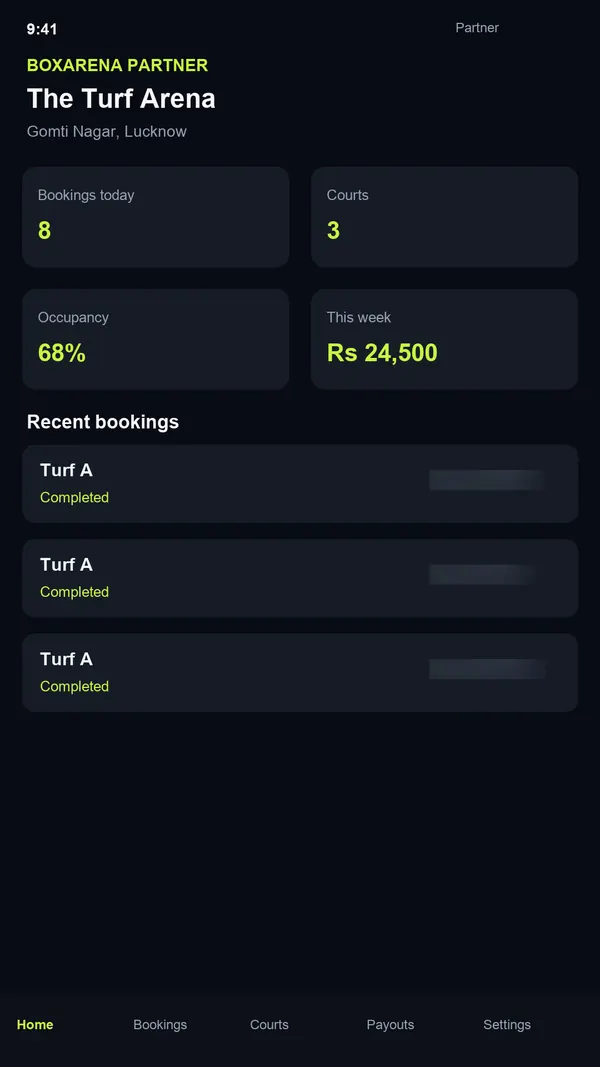 BoxArena Partner dashboard with bookings today, courts, occupancy, weekly revenue and recent bookings