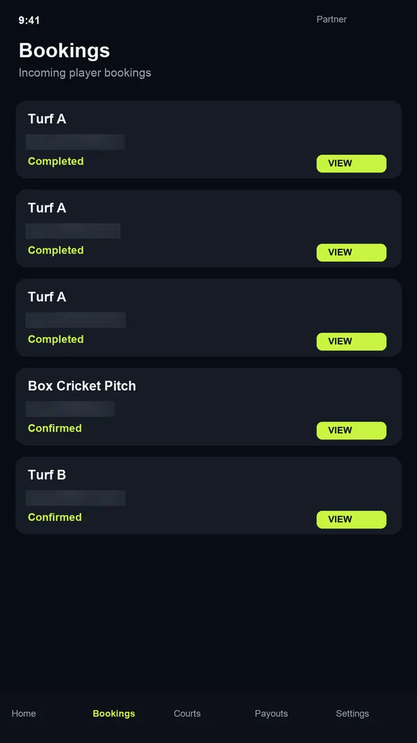 BoxArena Partner bookings list with completed and confirmed player bookings by court