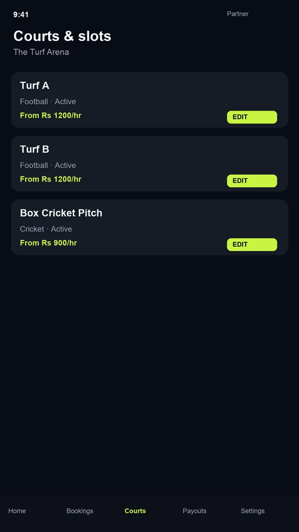 BoxArena Partner Courts and slots screen with per-hour pricing for each court