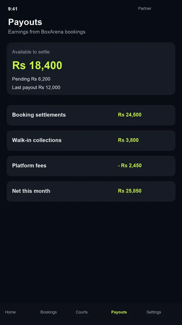 BoxArena Partner payouts screen with the amount available to settle, booking settlements, walk-in collections and platform fees