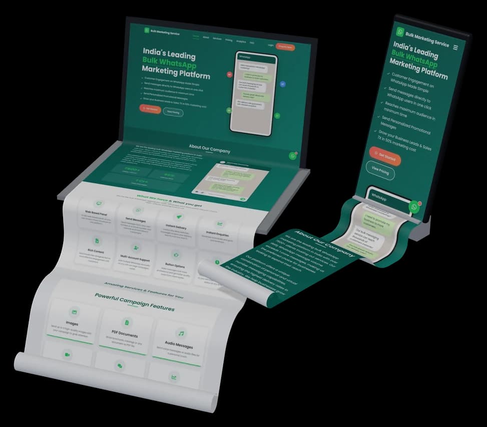 Bulk Marketing Service: the live site as a long scroll on a laptop and a phone
