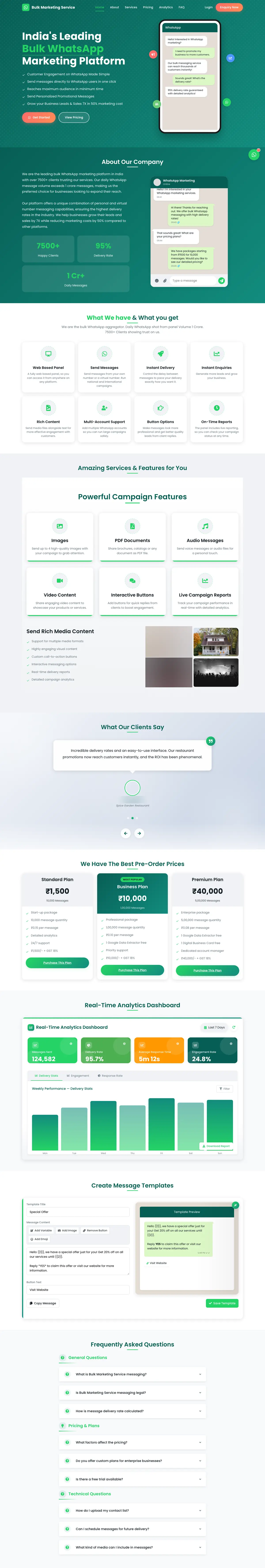 The Bulk Marketing Service home page on desktop: hero, about section, feature grid, campaign features, testimonial, pricing plans, analytics and template builder demos and the FAQ, with two stock photos and a name blurred
