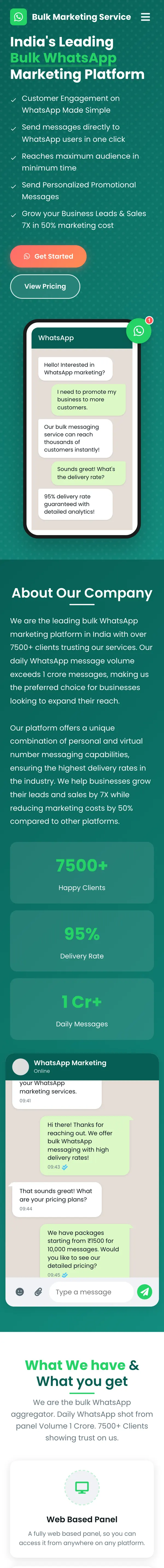 The Bulk Marketing Service home page on a phone: hero with a WhatsApp chat mock-up, the about section, the stats and the first feature card