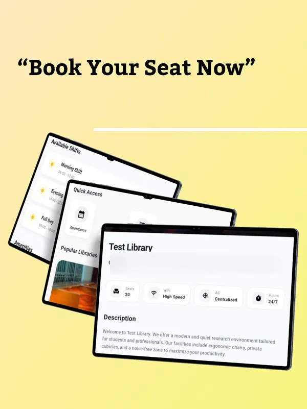 Calibre Study listing image titled Book Your Seat Now, with tablet screens for shifts, quick access and a library detail page