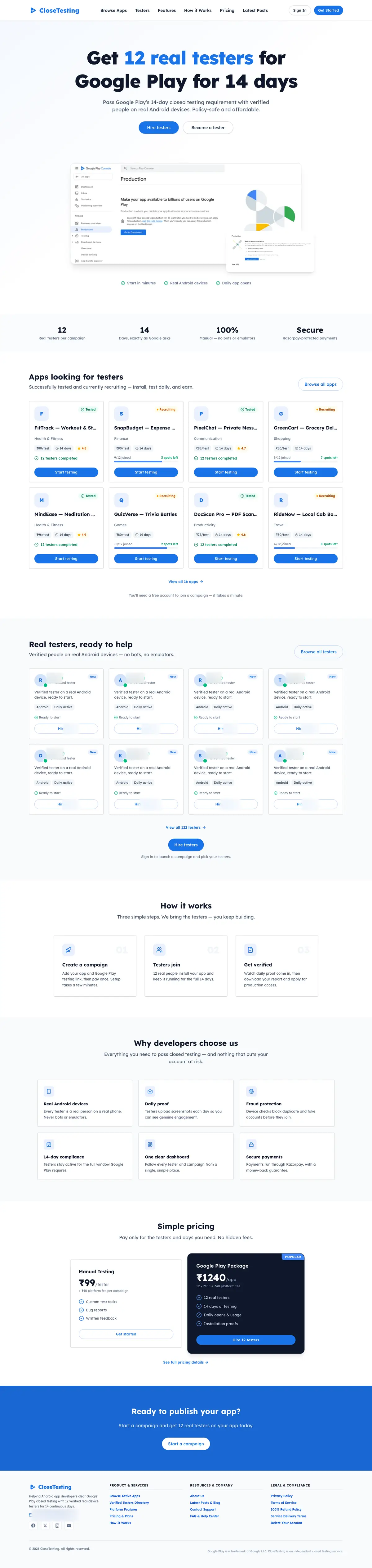 The full CloseTesting home page on desktop: hero, apps looking for testers, tester directory, how it works, pricing and footer