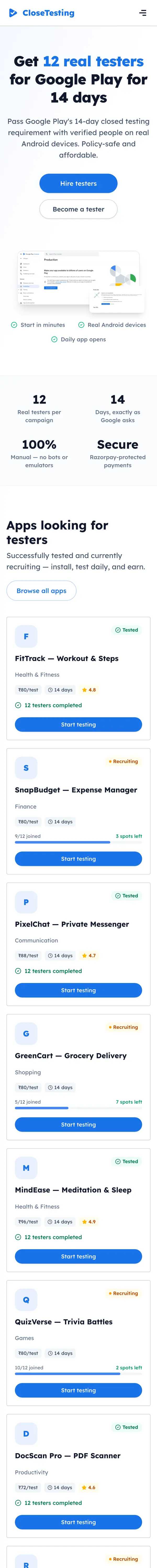 The CloseTesting home page on a phone: hero, campaign facts and the list of apps looking for testers
