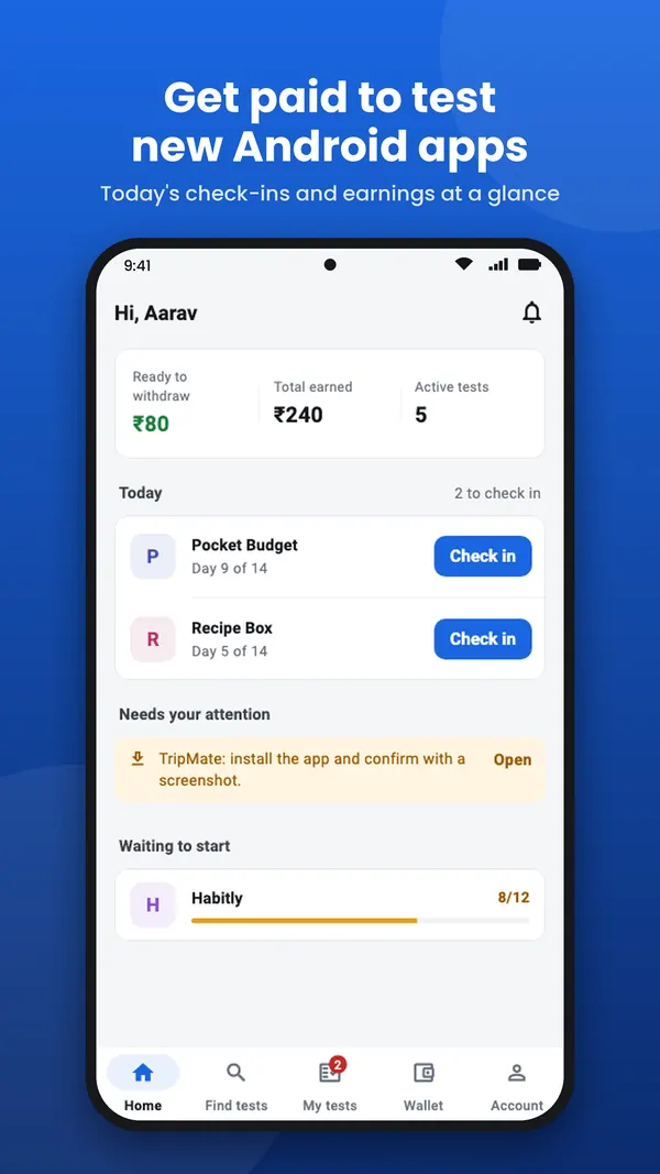 CloseTesting app store image: Get paid to test new Android apps, above the home screen