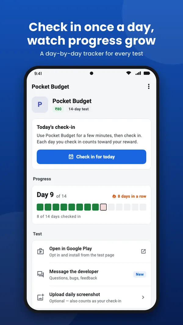 CloseTesting app store image: Check in once a day, above the day-by-day test tracker