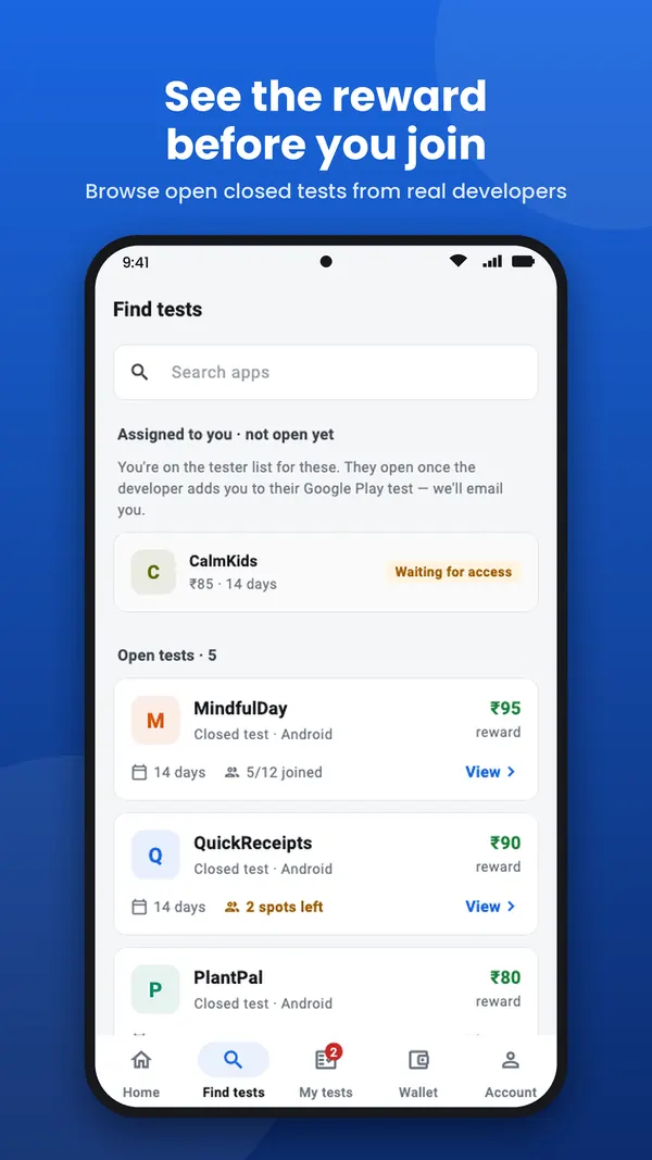 CloseTesting app store image: See the reward before you join, above the Find tests screen
