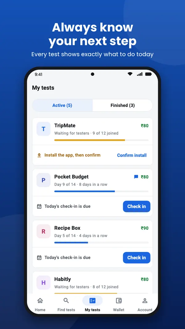 CloseTesting app store image: Always know your next step, above the My tests screen