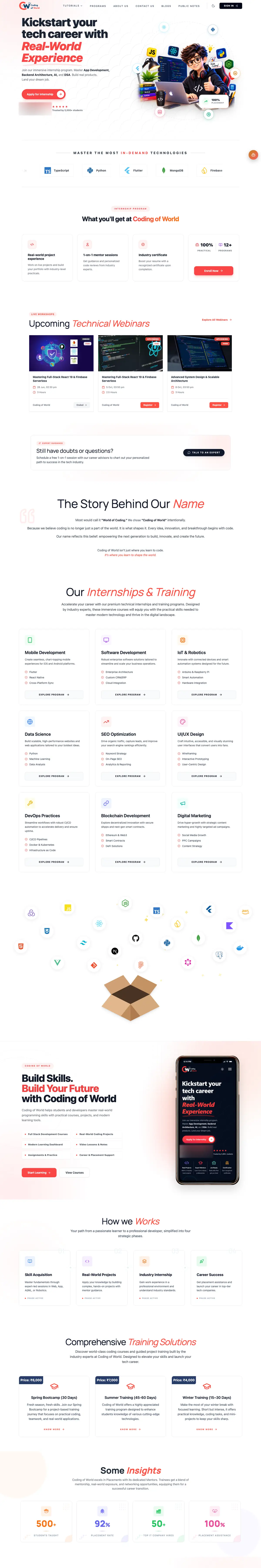 The Coding of World home page on desktop in the light theme: hero, technologies, internship benefits, webinars, programme tracks, how it works and training offers