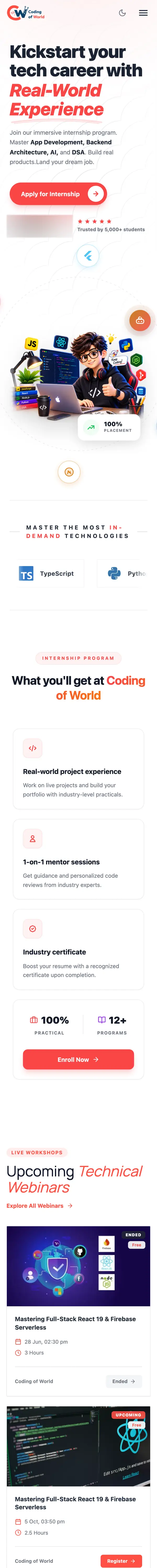 The Coding of World home page on a phone in the light theme: hero, internship benefits and webinar cards