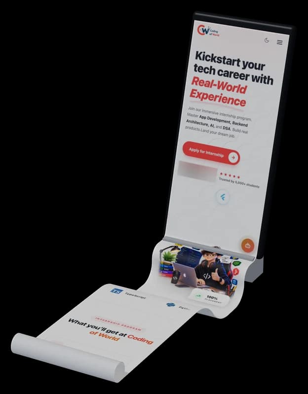 Coding of World: the live site on a phone, its full page flowing out as one long sheet