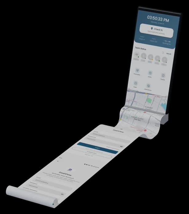 DashFlow: the app on a phone, its screens flowing out as one long sheet