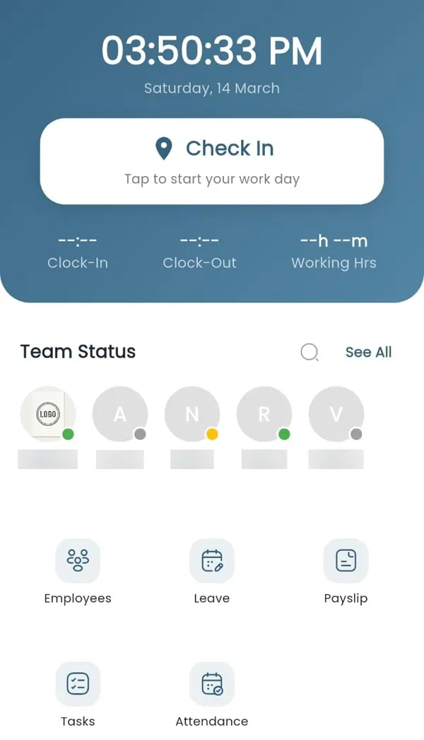DashFlow home screen with the current time, a Check In button, clock-in and working-hours fields, team status and shortcuts to employees, leave, payslip, tasks and attendance